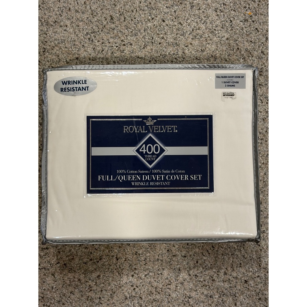Royal Velvet 400 TC Cotton Sateen Full Queen Duvet Cover Set White 3pc New